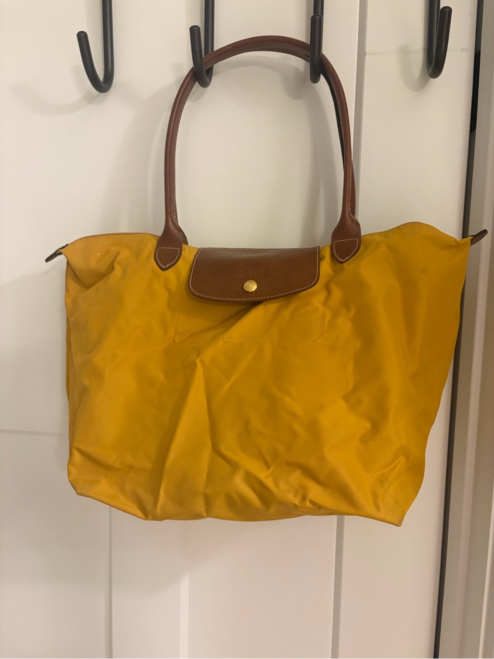 Longchamp Yellow Nylon Tote with Brown Leather Trim